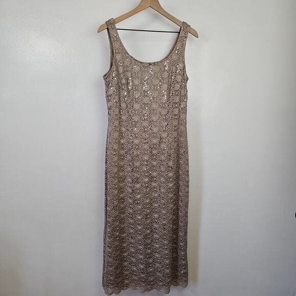 R&M Richards Sequined Lace Sheath‎ Midi Dress 14 Beige Mocha Mother Of The Bride - Picture 5 of 13